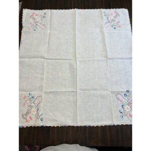 Vintage Embroidered Linen small Tablecloth With Floral Basket Design